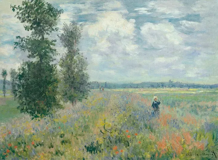 Impressionist painting of a field of flowers under a partly cloudy sky