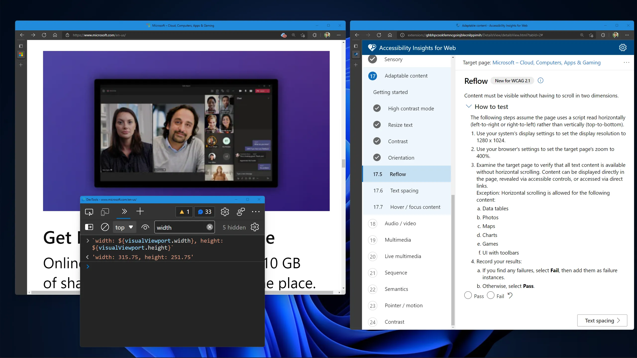 Screenshot with three windows open. One window is zoomed in, another logs the visual viewport size as “width: 315.75, height: 251.75”, the third is an accessibility assessment.