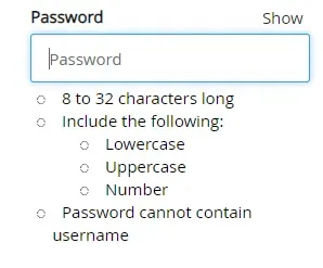 "Create new password input with rules: "8 to 32 characters long. Include the following: Lowercase, uppercase, number. Password cannot contain username."