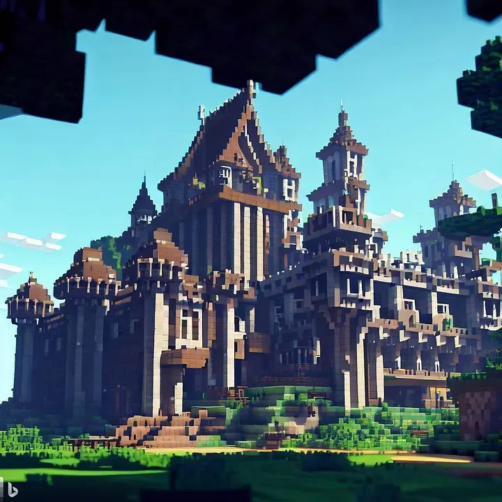 A blocky, detailed castle on a blue sky