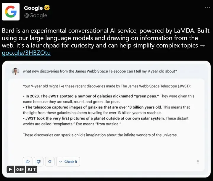 Google's Bard announcement tweet showing a false answer from Bard