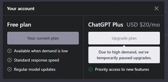 A screenshot of the ChatGPT plan dialog showing ChatGPT Plus isn't available due to high demand
