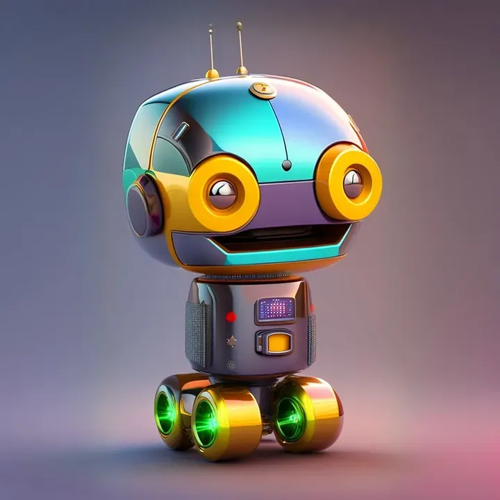 An AI-generated image of a humanoid robot with no arms and four metal wheels instead of legs
