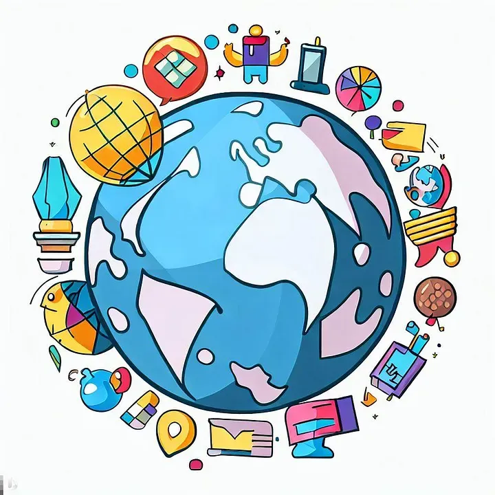 AI-generated image of a simplified cartoon globe with abstract icons around it