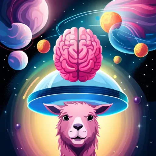 AI-generated image of a llama with a human brain floating above it against a space background