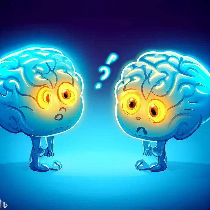 AI-generated cartoon of two brain people talking. One is asking a question, the other is sad.