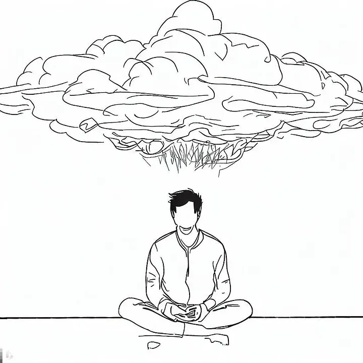 storm cloud growing out of a sitting man's head