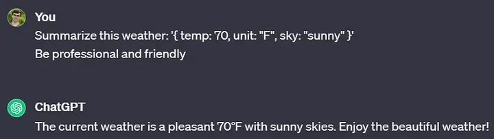 Conversation with ChatGPT. You: Summarize this weather: ‘{ temp: 70, unit: "F", sky: "sunny" }'  Be professional and friendly.  ChatGPT:  The current weather is a pleasant 70°F with sunny skies. Enjoy the beautiful weather!