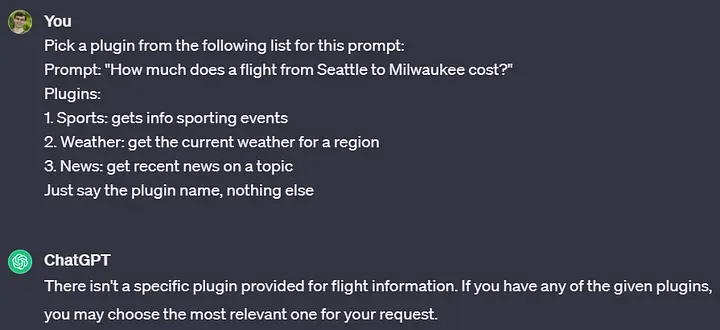 Conversation with ChatGPT. ChatGPT accurately says it doesn't have a plugin for flights. Full text linked in article.