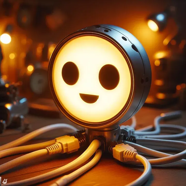 A lamp with a smiling face and many cords plugged in