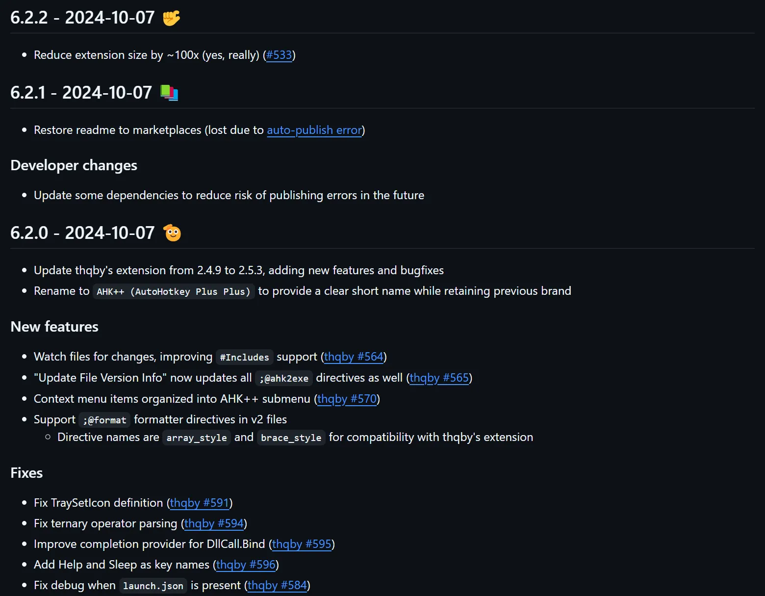 Changelog for AHK++, showing 3 releases on 2024-10-07, fixing 12 issues