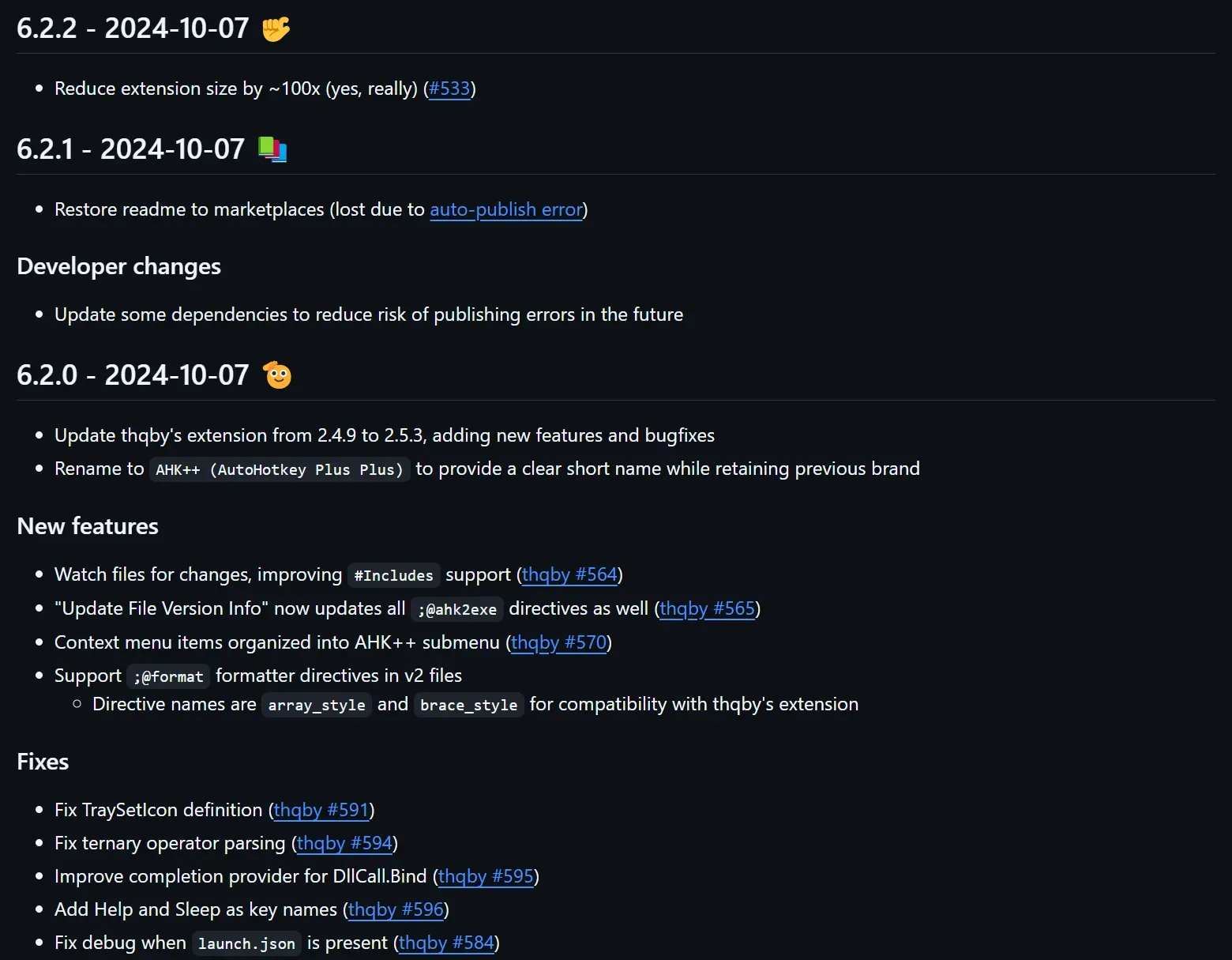 Changelog for AHK++, showing 3 releases on 2024-10-07, fixing 12 issues