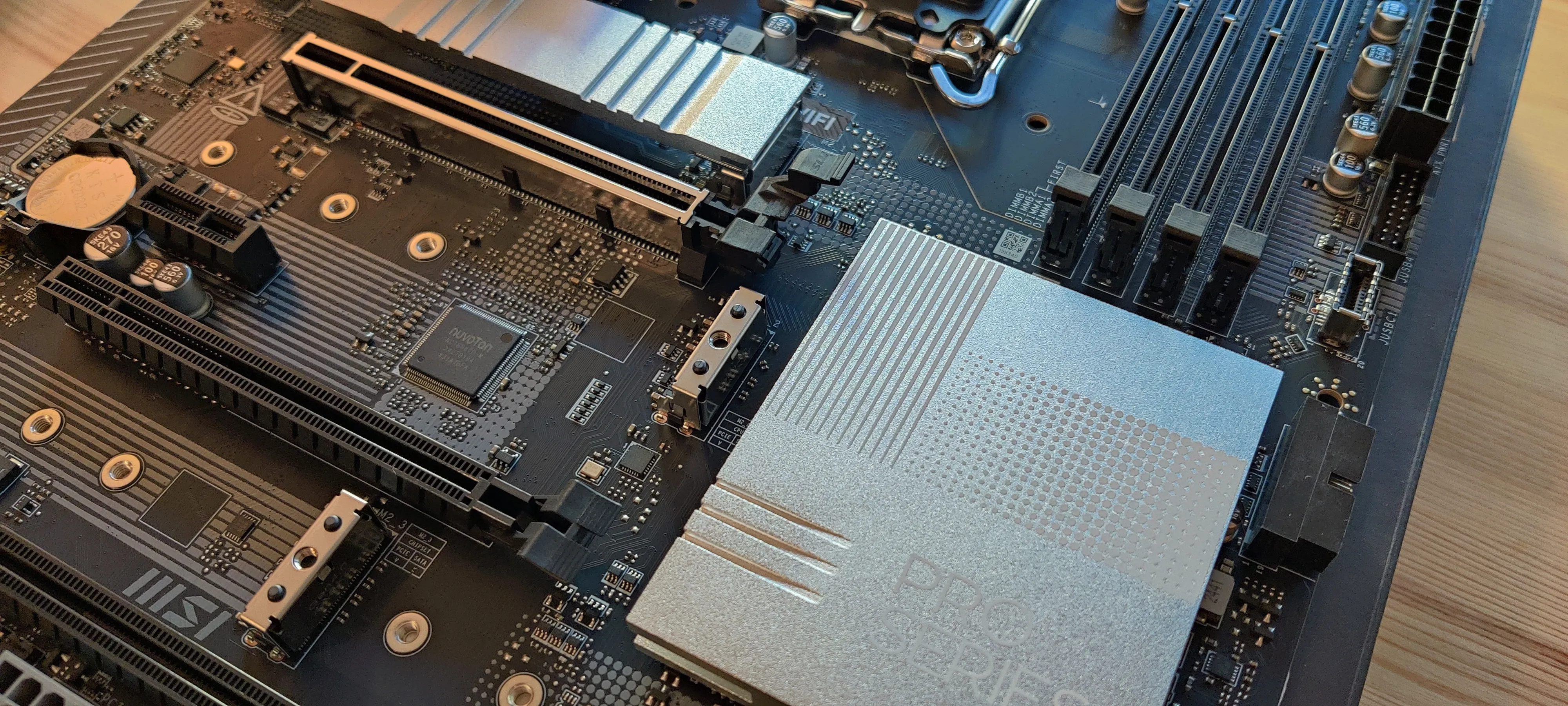Close-up photo of a computer motherboard