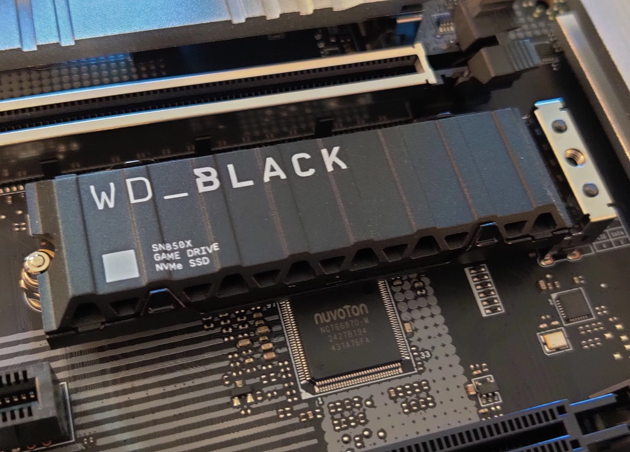 An SSD slotted in to a motherboard