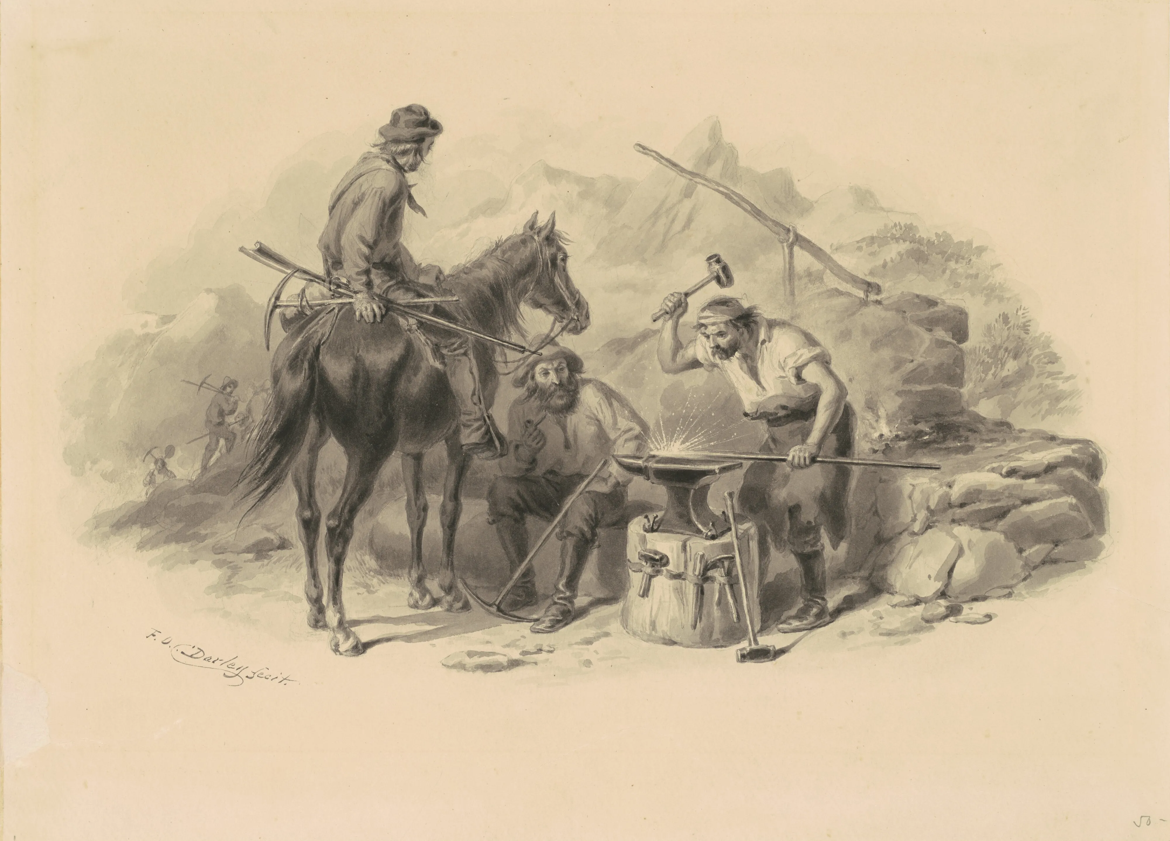 Blacksmith hammers metal as sparks fly, seated man and man on horseback observe, mountains and miners in the background